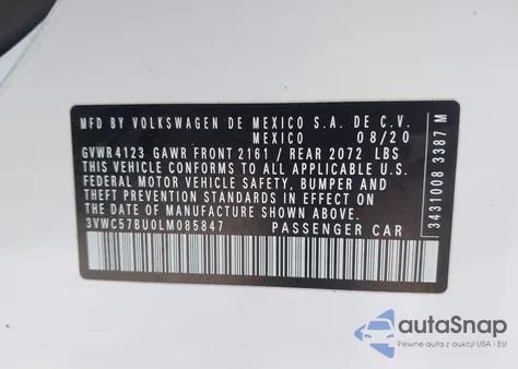 2020 Volkswagen Jetta 1.4T R-Line/1.4T S/1.4T Se z USA, uszkodzony, nr VIN 3VWC57BU0LM085847